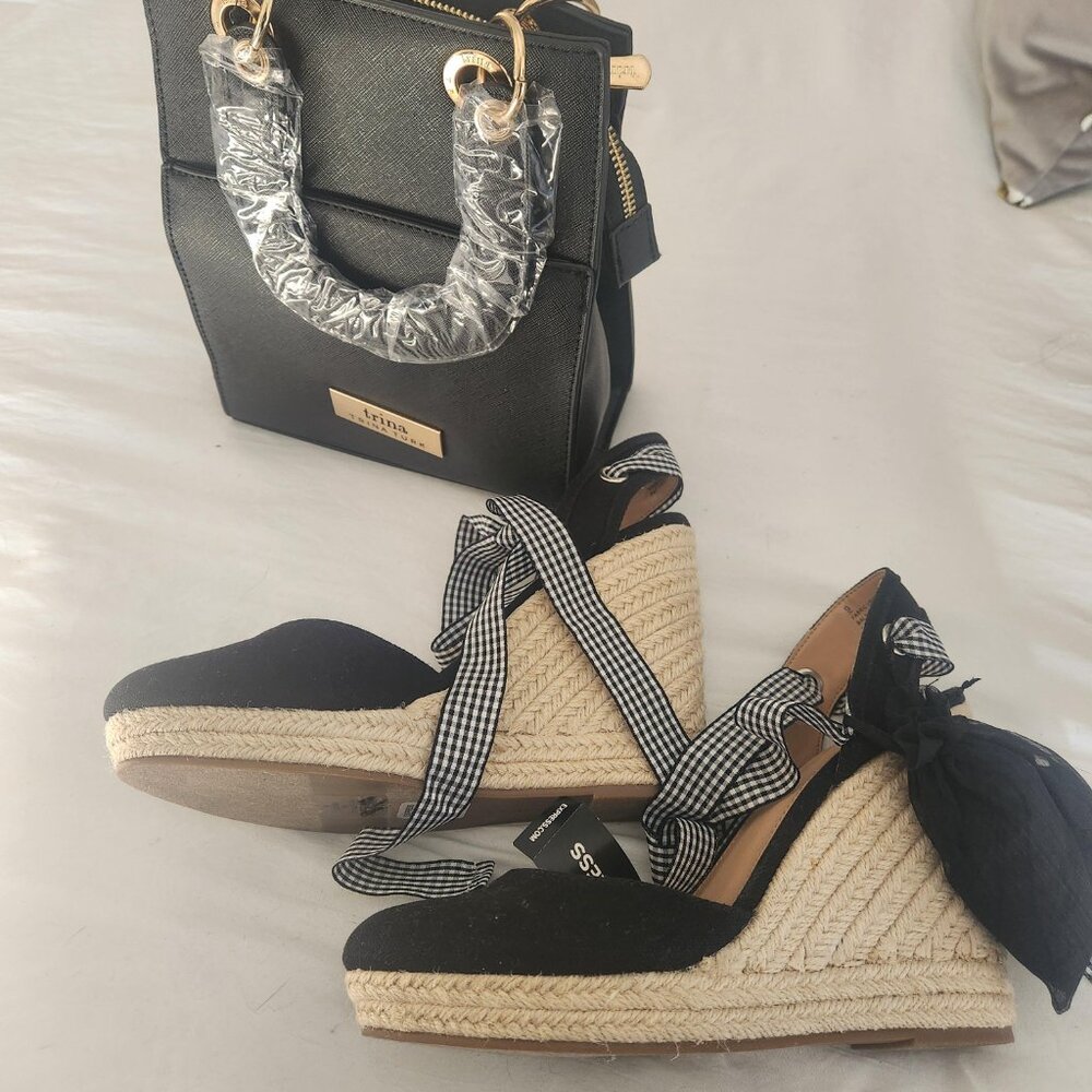 Express NWT Black Espadrille wedge wrap around ankle shoes - Picture 3 of 14